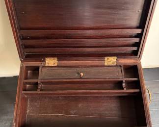 Mahogany Campaign Lap Desk Mounted On Stand Side Table - 2 Available but  Slightly Different Sizes.  Largest Measures 19" W x 10.5" D x 24" H. Photo 4 of 5.