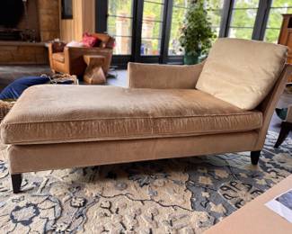 Left Facing (Pictured) & Right Facing Velvet Upholstered Chaise Lounges with Hair on Hide Pillow - 2 of Each Available. Some Need Reupholstering. Ask Us For Resources! Photo 1 of 4.  