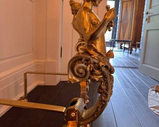 Louis XIV Style Gilt Bronze  "Muse" Andirons. Each Measures 30" H x 30" H.  Photo 4 of 4.