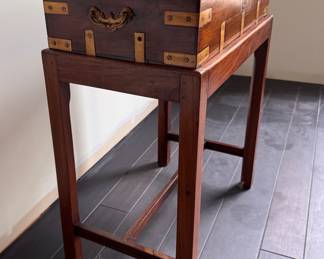 Mahogany Campaign Lap Desk Mounted On Stand Side Table - 2 Available but  Slightly Different Sizes.  Largest Measures 19" W x 10.5" D x 24" H. Photo 2 of 5.