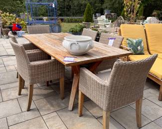 Drexel Heritage Teak Dining Table & Set of 6 All-Weather Wicker Dining Chairs. Table Measures 79” W x 39” D x 30” H. Each Chair Measures 22” W x 23” D with 19” Seat Height. Photo 1 of 3. 
