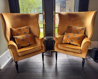 Pair of Victoria Hagan Home Velvet Upholstered Wainscott Wing Chairs with Nailhead Trim. Each Measures 32" W x 36" D. Photo 1 of 9.  
