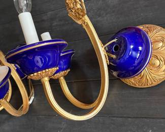 Pair of Antique Sèvres-Style Cobalt Blue, Porcelain and Gilt Bronze Two Arm Wall Sconces. Photo 2 of 3. 