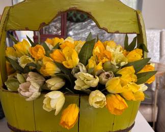Faux Flower Arrangement in Wood Basket. 
