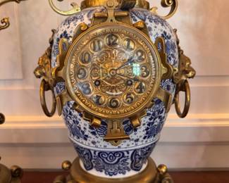 Three-Piece Delft Blue & White Porcelain & Gilt Bronze Garniture Set. Clock Measures 24" H & Candelabras Measures 28" H.  Photo 2 of 7. 