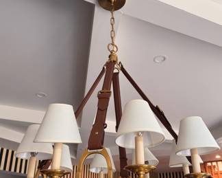 Ralph Lauren Westbury Equestrian-Inspired Brass Chandelier with Leather Straps. Measures 31" H x 30.35" W. Photo 2 of 6.