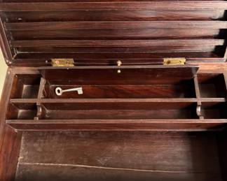 Mahogany Campaign Lap Desk Mounted On Stand Side Table - 2 Available but  Slightly Different Sizes.  Largest Measures 19" W x 10.5" D x 24" H. Photo 5 of 5.