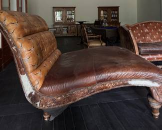 Monumental Double Leather Upholstered Chaise with Nailhead & Hair-On-Hide Trim. Measures 54" W x 74" W. Photo 3 of 5.