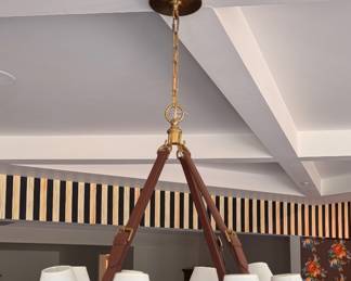 Ralph Lauren Westbury Equestrian-Inspired Brass Chandelier with Leather Straps. Measures 31" H x 30.35" W. Photo 3 of 6.