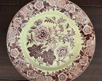 Set of 2 Spode Archive Collection Blue Rose Rimmed Plates in Mint Green. Each Measures 12" D. 