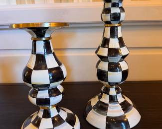 Mackenzie-Childs Courtly Check Large Pillar Candlesticks. One Measures 9" H; The Other 7" H. Photo 1 of 2. 