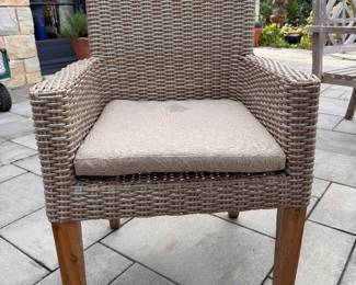 Drexel Heritage Teak Dining Table & Set of 6 All-Weather Wicker Dining Chairs. Table Measures 79” W x 39” D x 30” H. Each Chair Measures 22” W x 23” D with 19” Seat Height. Photo 3 of 3.