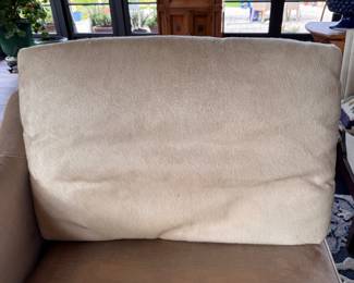 Left Facing (Pictured) & Right Facing Velvet Upholstered Chaise Lounges with Hair on Hide Pillow - 2 of Each Available. Some Need Reupholstering. Ask Us For Resources! Photo 4 of 4.  