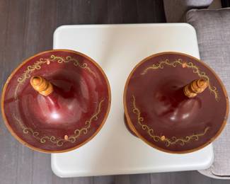 Pair of Red Tole Painted Chestnut Urns. Each Measures 17" H. Photo 2 of 3. 