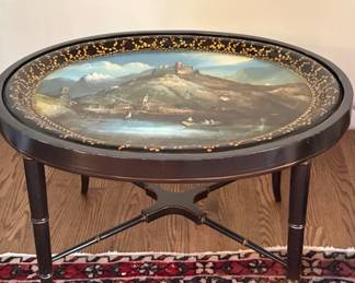 Paper Mache Hand-Painted Natural Motif Tea Table with Faux Bamboo Frame. Measures Approximately 28.5" x 24" x 18" H. Photo 1 of 2. 