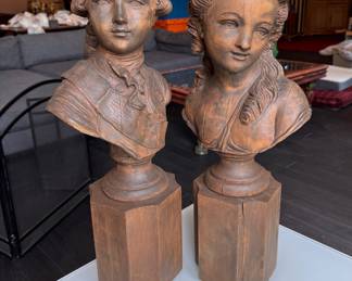 Hand-Carved Wood Busts of Young Boy and Young Girl. Each Measures 27" H. Photo 1 of 2.  