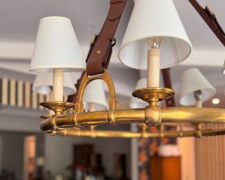 Ralph Lauren Westbury Equestrian-Inspired Brass Chandelier with Leather Straps. Measures 31" H x 30.35" W. Photo 4 of 6.
