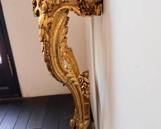 Ornate Antique Louis XV-Style 24K Giltwood Demi-Lune with Carved Urn on Stretcher - 2 Available. Each Measures 19" W x 10" D x 35" H. Photo 5 of 6.