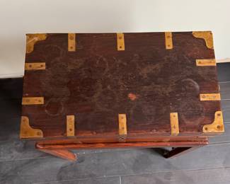 Mahogany Campaign Lap Desk Mounted On Stand Side Table - 2 Available but  Slightly Different Sizes.  Largest Measures 19" W x 10.5" D x 24" H. Photo 3 of 5.
