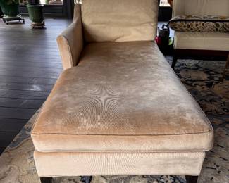 Left Facing (Pictured) & Right Facing Velvet Upholstered Chaise Lounges with Hair on Hide Pillow - 2 of Each Available. Some Need Reupholstering. Ask Us For Resources! Photo 2 of 4.  