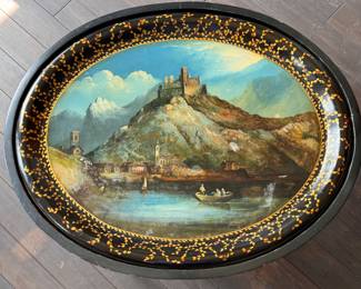 Paper Mache Hand-Painted Natural Motif Tea Table with Faux Bamboo Frame. Measures Approximately 28.5" x 24" x 18" H. Photo 3 of 4.