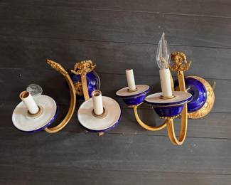 Pair of Antique Sèvres-Style Cobalt Blue, Porcelain and Gilt Bronze Two Arm Wall Sconces. Photo 3 of 3. 