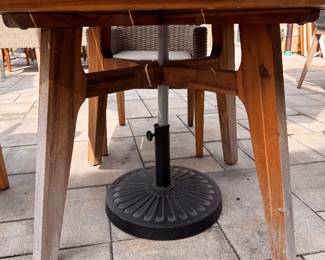 Drexel Heritage Teak Dining Table & Set of 4 All-Weather Wicker Dining Chairs. Table Measures 39” W x 39” D x 30” H - 2 Available. Each Chair Measures 22” W x 23” D with 19” Seat Height. Photo 2 of 2