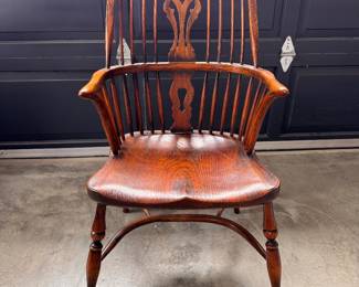 Set of 12 Vintage English Windsor Hoop-Back Armchairs — Pierced Splat, Elm Seats, Made in England. Each Measures 21" W x 24" D with 18" Seat Height. Photo 1 of 5.