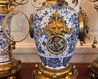 Three-Piece Delft Blue & White Porcelain & Gilt Bronze Garniture Set. Clock Measures 24" H & Candelabras Measures 28" H.  Photo 3 of 7. 