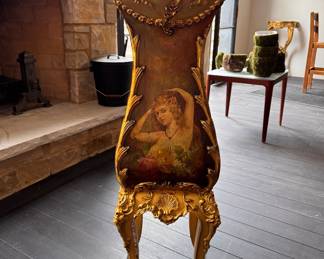 Antique Louis XV Style Gilded Pedestal with Vernis Martin Style Figural Panels. Measures Approximately 36" H. Photo 1 of 6.  