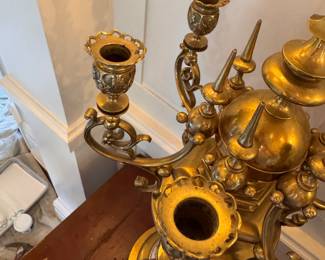 Three-Piece Delft Blue & White Porcelain & Gilt Bronze Garniture Set. Clock Measures 24" H & Candelabras Measures 28" H.  Photo 7 of 7. 