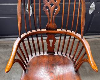 Set of 12 Vintage English Windsor Hoop-Back Armchairs — Pierced Splat, Elm Seats, Made in England. Each Measures 21" W x 24" D with 18" Seat Height. Photo 2 of 5.