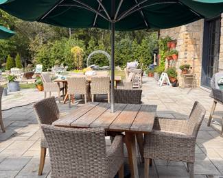 Drexel Heritage Teak Dining Table & Set of 4 All-Weather Wicker Dining Chairs. Table Measures 39” W x 39” D x 30” H - 2 Available. Each Chair Measures 22” W x 23” D with 19” Seat Height. Photo 1 of 2.