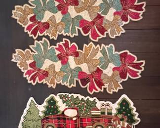 Two Nicole Miller Beaded Ribbon Table Runners and One Beaded Holiday Scene Table Runner