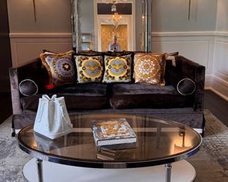 Velvet Mohair Upholstered Sofa. Possibly Victoria Hagan Home. Measures 78" W x 40" D. Some Fading Though Beautiful In Person! Photo 1 of 3. 