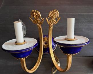 Pair of Antique Sèvres-Style Cobalt Blue, Porcelain and Gilt Bronze Two Arm Wall Sconces. Photo 1 of 3. 