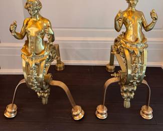 Louis XIV Style Gilt Bronze  "Muse" Andirons. Each Measures 30" H x 30" H.  Photo 1 of 4. 