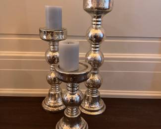 Set of 3 Mercury Glass Pillar Candle Holders. They Measures 12", 17" * 24" H