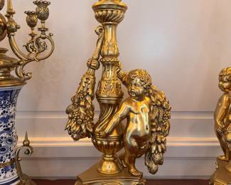 Gilt Bronze Putti Andirons. Each Measures 12" W x 12" D x 28" H. Photo 2 of 2.
