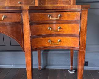 Baker Furniture Mahogany Serpentine Front Sideboard with Stepback Drawer and Brass Gallery. Measures 78" W x 29" D x 38" H In Front & 52" H in Back. Photo 5 of 7. 