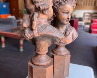 Hand-Carved Wood Busts of Young Boy and Young Girl. Each Measures 27" H. Photo 2 of 2.  