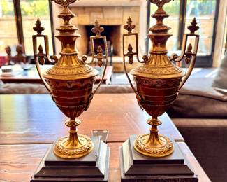 Pair of Louis XVI-Style Gilt Bronze and Ormolu Cassette Urns with Flame Finials.  Photo 1 of 2. 