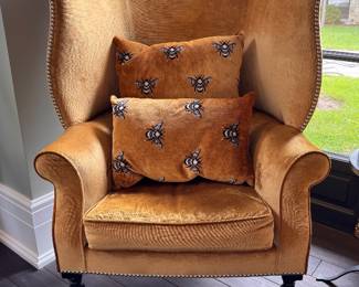 Pair of Victoria Hagan Home Velvet Upholstered Wainscott Wing Chairs with Nailhead Trim. Each Measures 32" W x 36" D. Photo 2 of 9.  