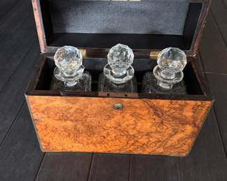Burl Wood Walnut Liquor Cellar with Crystal Decanters. Photo 3 of 4. 