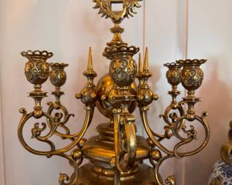 Three-Piece Delft Blue & White Porcelain & Gilt Bronze Garniture Set. Clock Measures 24" H & Candelabras Measures 28" H.  Photo 6 of 7. 