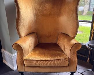 Pair of Victoria Hagan Home Velvet Upholstered Wainscott Wing Chairs with Nailhead Trim. Each Measures 32" W x 36" D. Photo 3 of 9.  