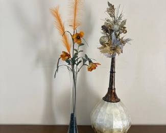 ld Assortment of Decorative Vases Featuring a Tall Clear Glass Vase and a Globe Style Vase with Long Neck