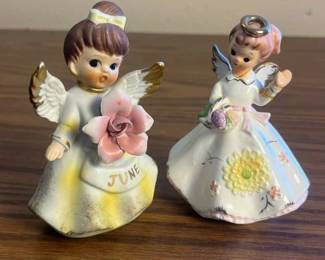 k Brunette Angel Figurines With Yellow Accents HandPainted with Floral Details