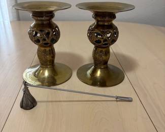hd Pair of Solid Brass Pillar and Taper Candle Holders with Metal Candle Snuffer