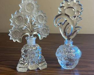 p Vintage Cut Glass Perfume Bottles with Ornate FloralSunflower Stoppers H both 8in